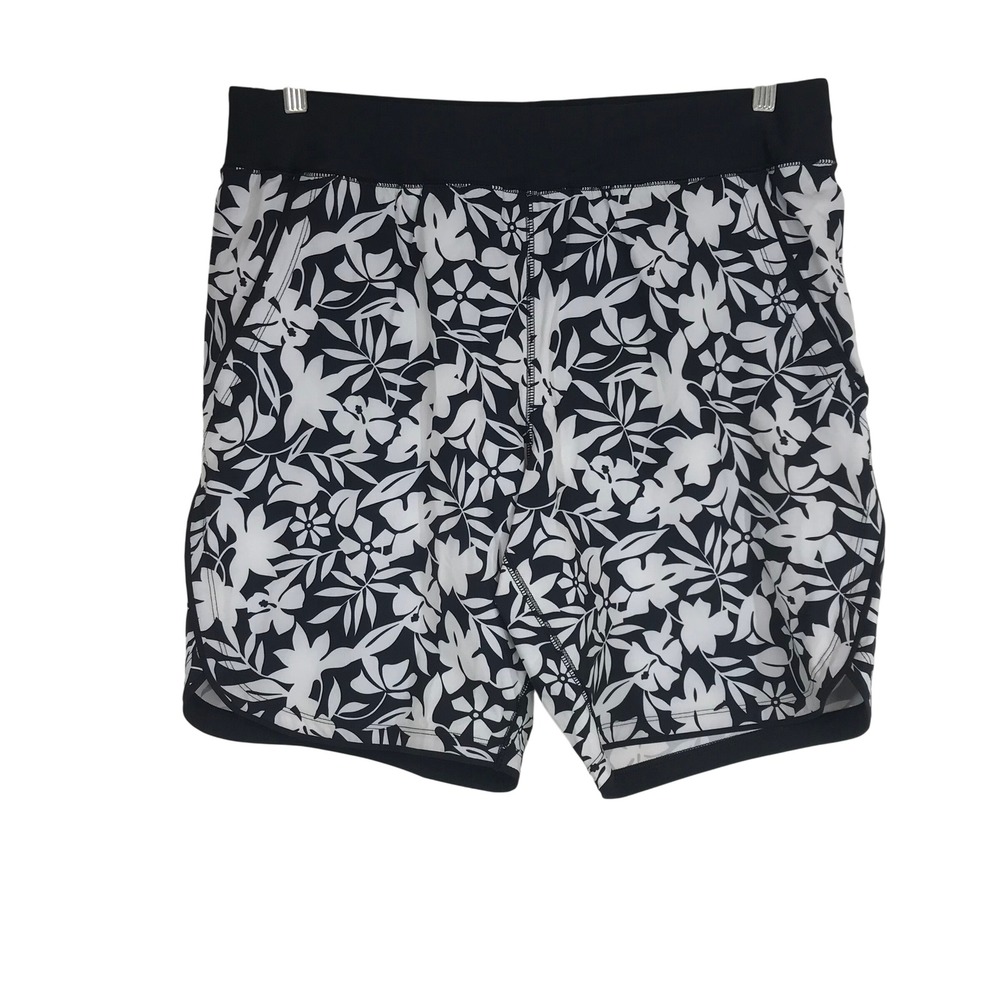 Lands' End Black and White Floral Swim Shorts
